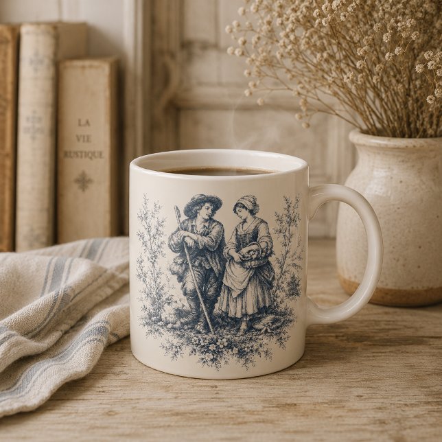 Romantisk fransk landsbygd Toile i dammig blå Kaffemugg (Skapare uppladdad)