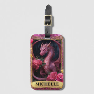 Romantisk Fuchsia Drak- och Rosor-Fantasi Bagagebricka