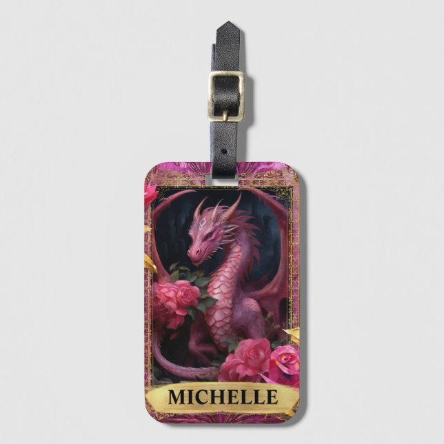 Romantisk Fuchsia Drak- och Rosor-Fantasi Bagagebricka (Framsida vertikal)