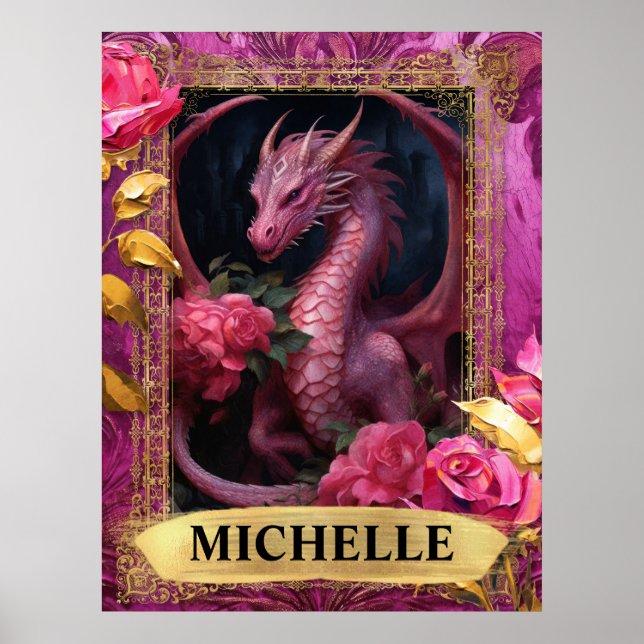 Romantisk Fuchsia Drak- och Rosor Fantasi Poster (Framsidan)