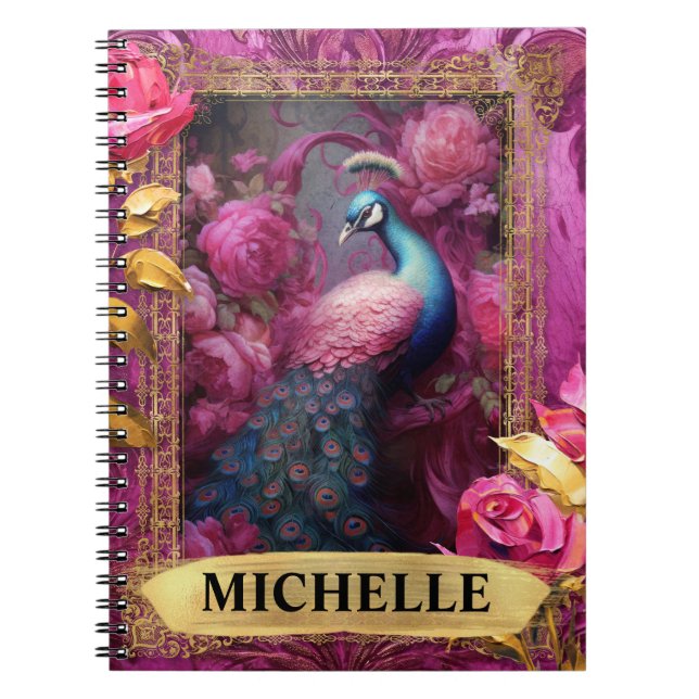 Romantisk Fuchsia Påfågel och Rosor Fantasi Anteckningsbok (Framsidan)
