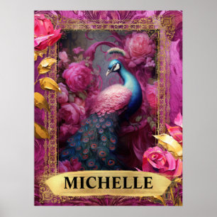 Romantisk Fuchsia Påfågel och Rosor Fantasi Poster