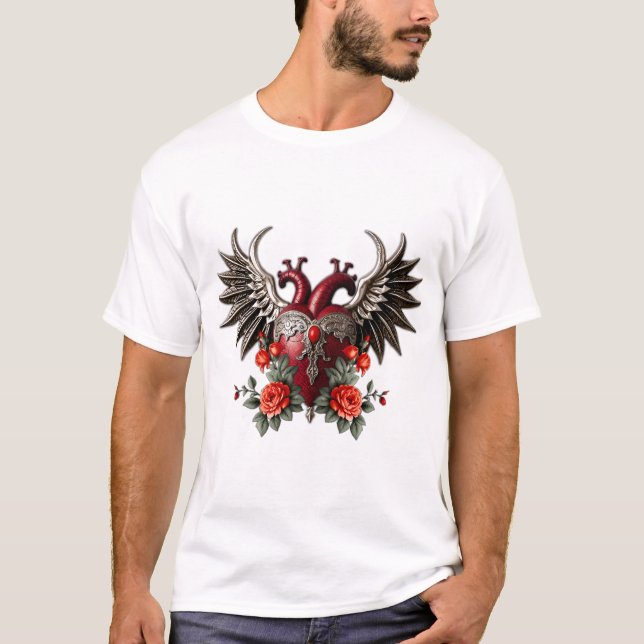 Romantisk gotisk ikon: hjärta, ro, skalle. t shirt (Framsida)