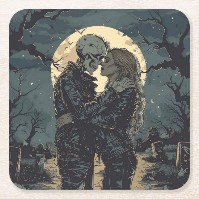 Romantisk gotisk tecknad av skelett och kvinna underlägg papper kvadrat (Framsidan)