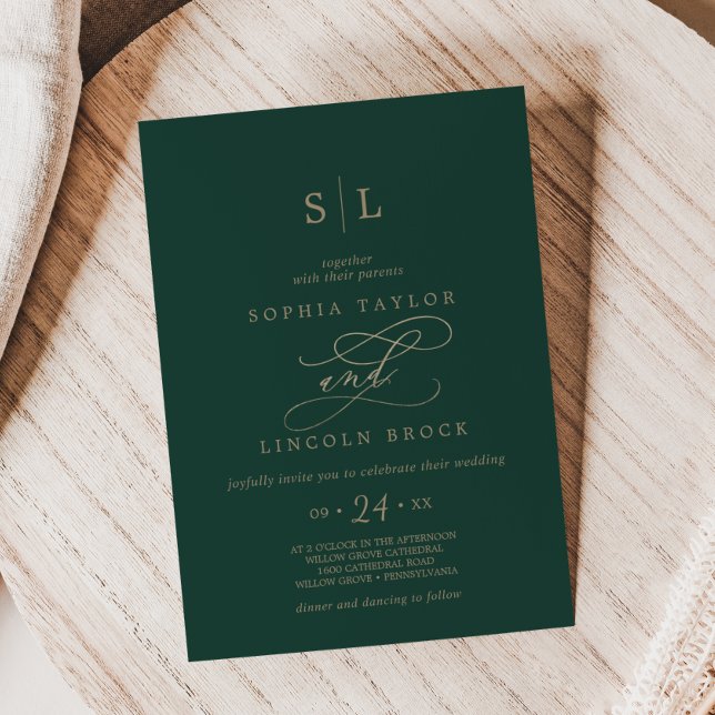 Romantisk grön kalligrafi monogram bröllop inbjudningar (Romantic Green Calligraphy Monogram Wedding Invitation)