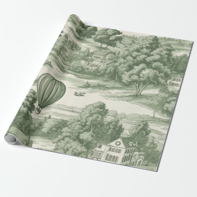 Romantisk grön landsbygd Toile ballongmönster Presentpapper (Utrullad)
