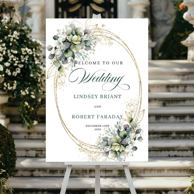 Romantisk grön och guld bröllops välkomstskylt poster (Romantic Green and Gold Wedding Welcome Sign)