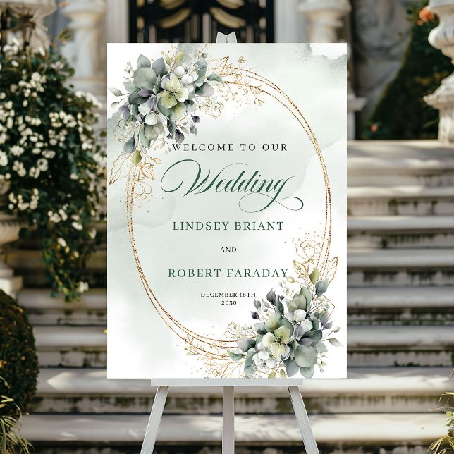 Romantisk grönska Guld Bröllops välkomstaffisch Poster (Romantic Greenery Gold Wedding Welcome Poster)