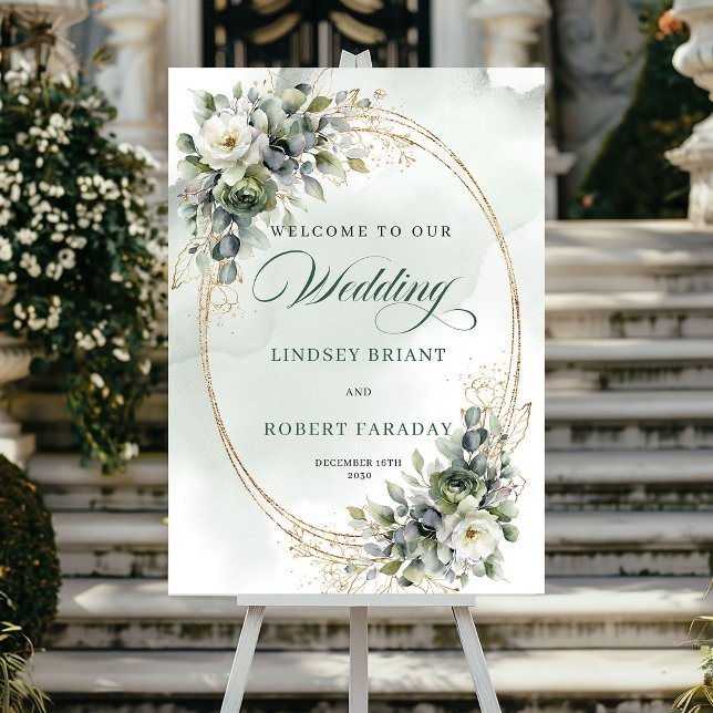 Romantisk grönska Guld Bröllops välkomstaffisch Poster (Romantic Greenery Gold Wedding Welcome Poster)