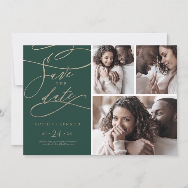 Romantisk Grönt Calligraphy 3 Photo Collage Spara Datumet (Framsida)