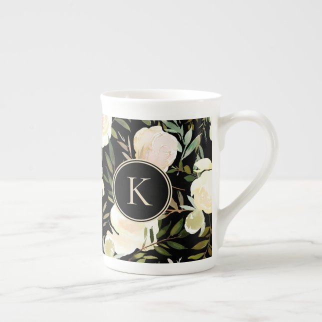 Romantisk Grönt för vattenfärg och vit Blommigt Benporslin Mugg (Höger)
