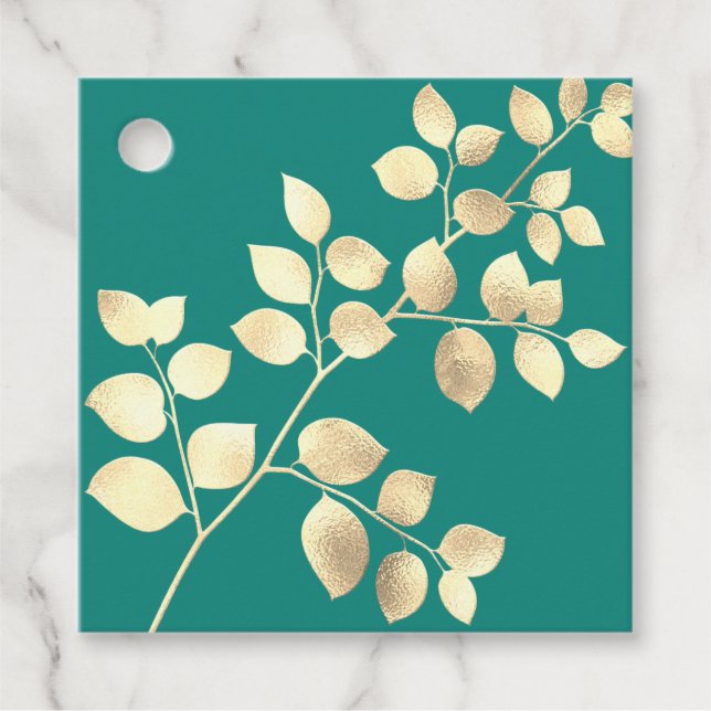 Romantisk grönt golden lövs bröllop gynnar märkre gåvor etiketter (Framsida)