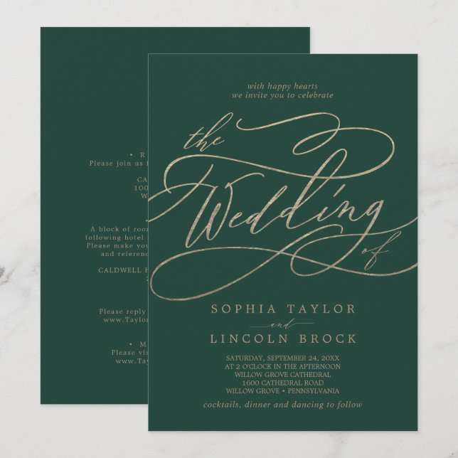 Romantisk Grönt - Kalligrafi i ett Bröllop Inbjudningar (Fram/baksida)