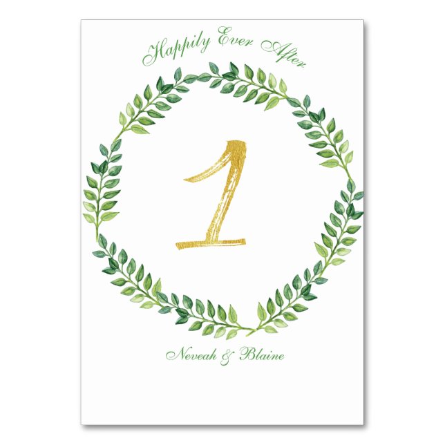 Romantisk Grönt Löv - Bröllop bord-kort 1 ring Bordsnummer (Framsidan)