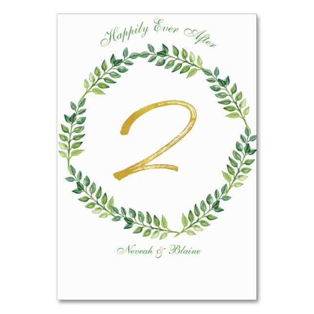 Romantisk Grönt Löv - Bröllop bord-kort 2 ring Bordsnummer (Framsidan)