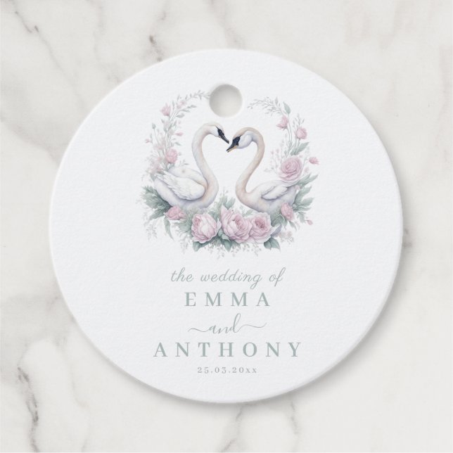 Romantisk Grönt Svan par Bröllop Gåvor Etiketter (Framsida)