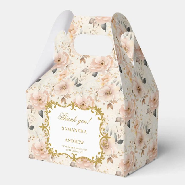 Romantisk  Guld-bröllopsförmånslåda med Blommigt Presentaskar (Romantic Blush Gold Wedding Favor Box with Floral)
