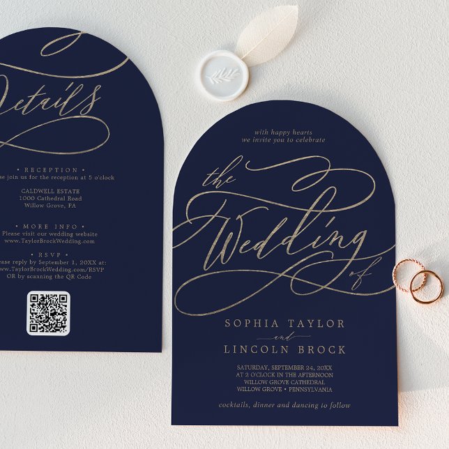Romantisk Guld-flotta alla i en QR-kodsbåge Bröllo Inbjudningar (Romantic Gold Navy All In One QR Code Arch Wedding Invitation)
