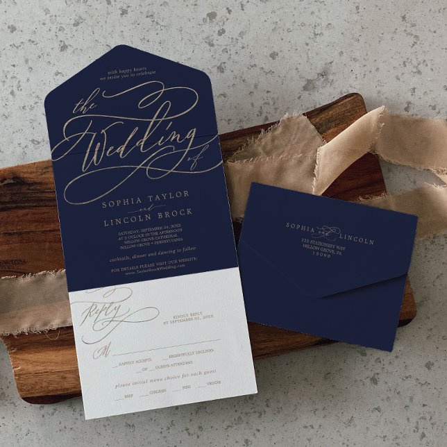 Romantisk guld kalligrafi | Marinblå Bröllopet för (Romantic Gold Calligraphy | Navy The Wedding Of Al All In One Invitation)