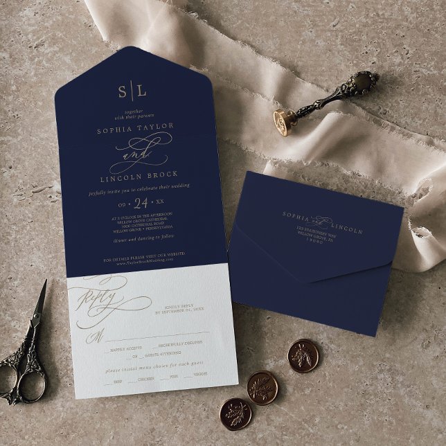 Romantisk guld kalligrafi | Marinblå monogram bröl (Romantic Gold Calligraphy | Navy Monogram Wedding All In One Invitation)