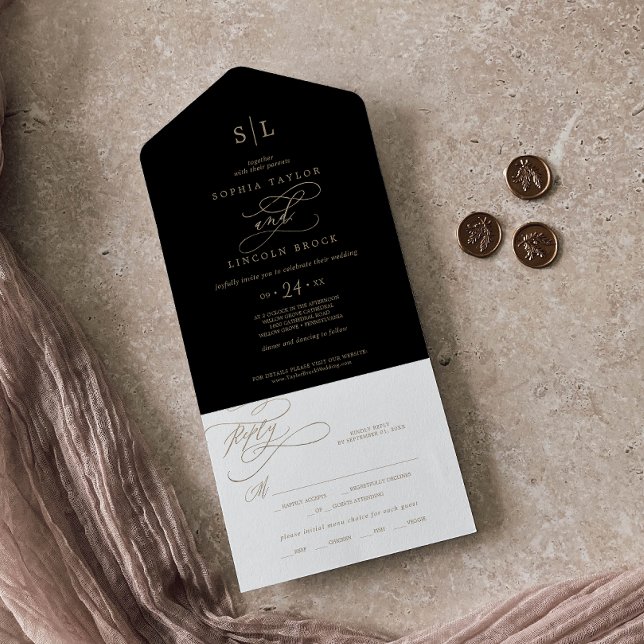 Romantisk guld kalligrafi | Svart monogram bröllop (Romantic Gold Calligraphy | Black Monogram Wedding All In One Invitation)