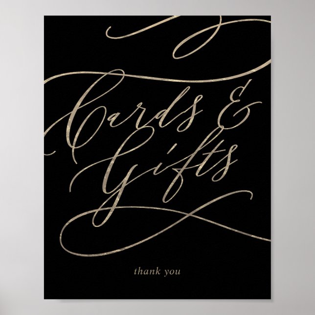 Romantisk Guld Kalligrafi Svarta Kort & Presentkor Poster (Framsidan)