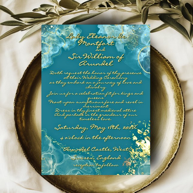 Romantisk guld teal marmor fantasy bröllop inbjudningar (Romantic Gold Teal Marble Fantasy Wedding Invitation)