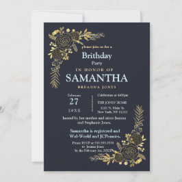 Romantisk guldfärgad Blommigt Blåplansfödelsedag Inbjudningar