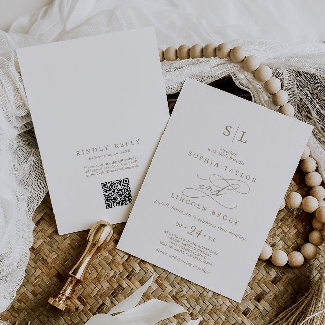 Romantisk guldmonogram framsida baksida QR-kod brö Inbjudningar (Romantic Gold Monogram Front Back QR Code Wedding Invitation)