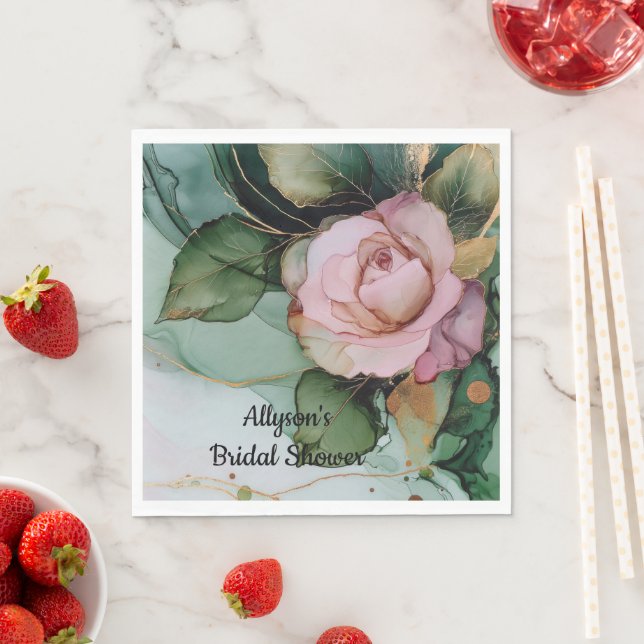 Romantisk guldrodnad rosa ros blomster bröllopsdus pappersservett (Insitu)