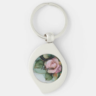 Romantisk guldrodnad rosa ros blomster bröllopsdus swirl silverfärgad nyckelring