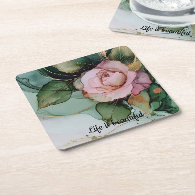 Romantisk guldrodnad rosa ros blomster bröllopsdus underlägg papper kvadrat (Vinklad)