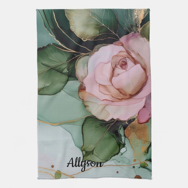 Romantisk guldrodnad rosa rosblomma bröllopsdusch kökshandduk (Vertikal)