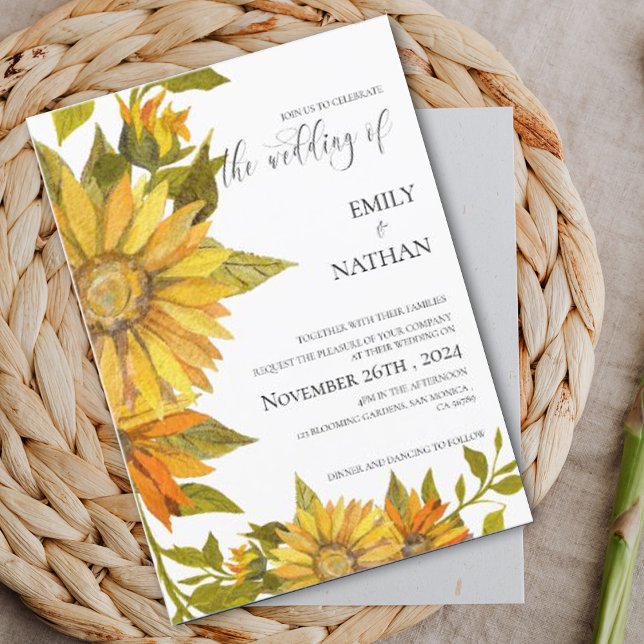 Romantisk Gult Solros Blommigt Bröllop Inbjudningar (Romantic Yellow Sunflower Floral Wedding Invitation)