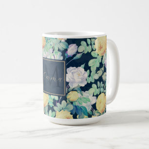 Romantisk Gult Vit ros blommigt Blue Design Kaffemugg