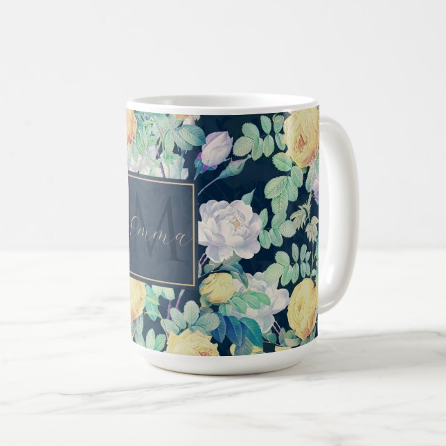 Romantisk Gult Vit ros blommigt Blue Design Kaffemugg (Framsida höger)