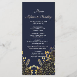 Romantisk gyllene Blommigten Blå Bröllop Menu Program