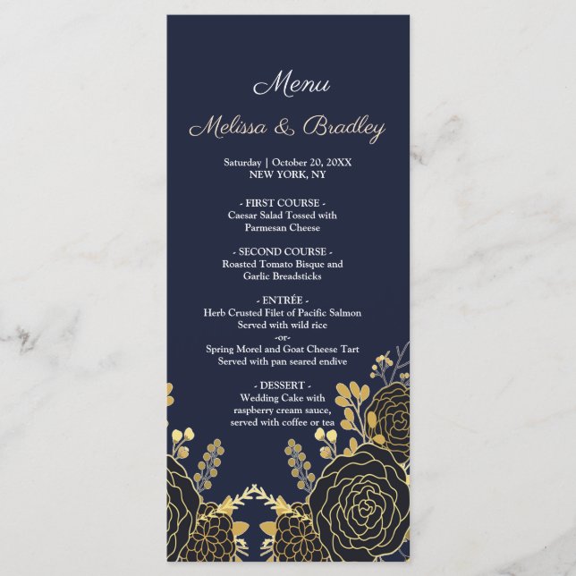 Romantisk gyllene Blommigten Blå Bröllop Menu Program (Framsida)