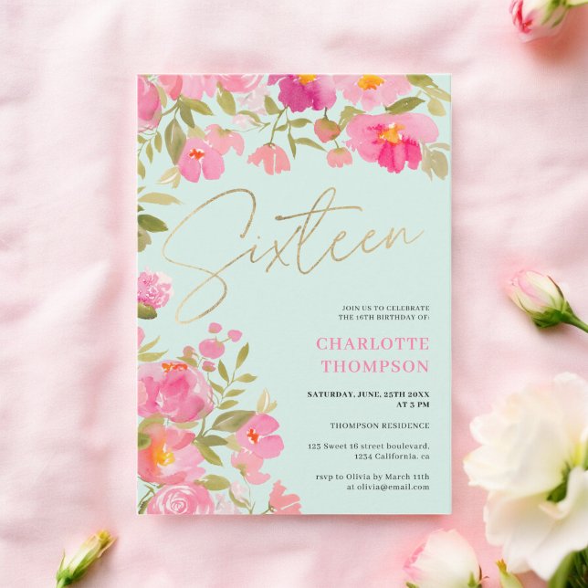 Romantisk handmålad Rosa Blommigt mint Sweet 16 Inbjudningar (Romantic Hand-Painted Pink Floral mint Sweet 16 Invitation)