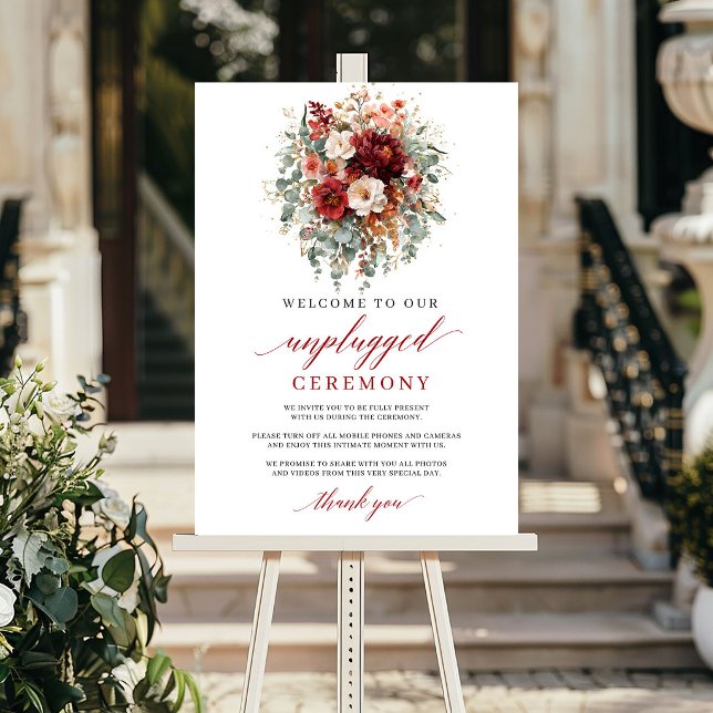 Romantisk Höst Marsala Blommig Avstängd Ceremoni   Poster (Romantic Fall Marsala Floral Unplugged Ceremony Sign

)