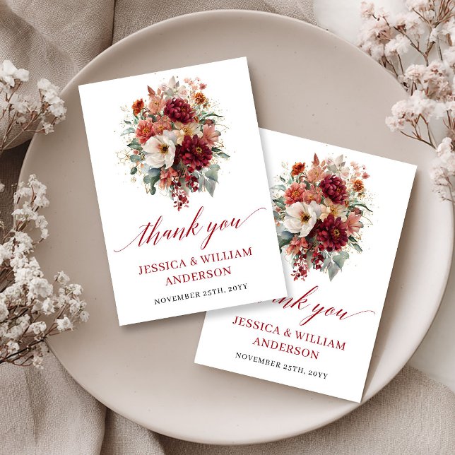 Romantisk Höst Marsala Blommig Bröllop Tacksamhet  Tack Kort (Romantic Fall Marsala Floral Wedding Thank You Card

)