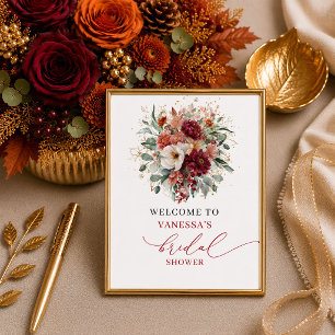 Romantisk höst marsala floral bröllopsdusch välkom poster