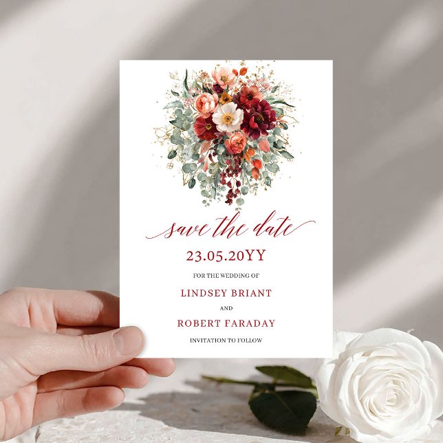 Romantisk Höst Marsala Guld Blommig Spara Datum Datumet (Romantic Fall Marsala Gold Floral Save The Date

)