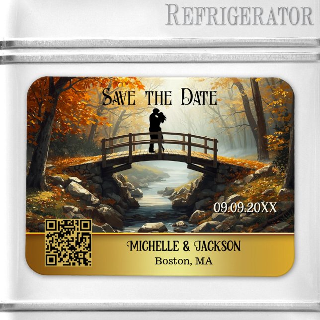 Romantisk höstskogs-spara-datum magnet (Save the Date magnet featuring a painting of a couple on a bridge in a fall forest - with QR code)