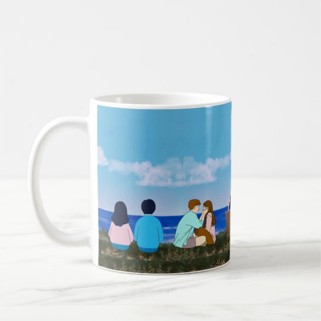 Romantisk illustration av par vid havet kaffemugg (Vänster)
