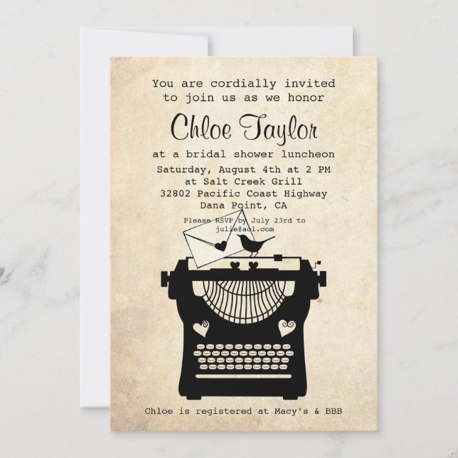Romantisk inbjudan för vintageskrivmaskinsmöhippa (Framsida)