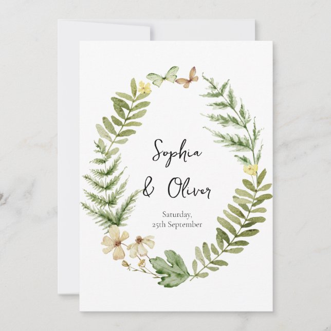 Romantisk inbjudan till Fält Flower Butterfly-bröl (Framsida)