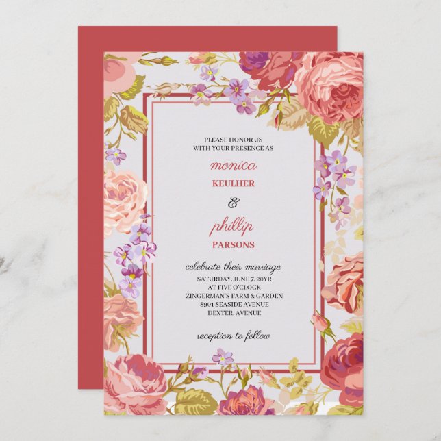 Romantisk indisk rödkål Ro Bröllop Inbjudningar (Fram/baksida)