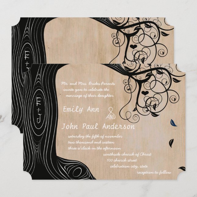 Romantisk Initialer i Träd bröllopsinbjudan Inbjudningar (Fram/baksida)