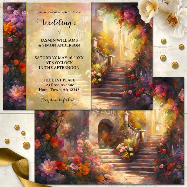 Romantisk italiensk Blommigt Art Bröllop Inbjudningar (Wedding invitation featuring a dreamy artistic scene inspired by an Italian summer)